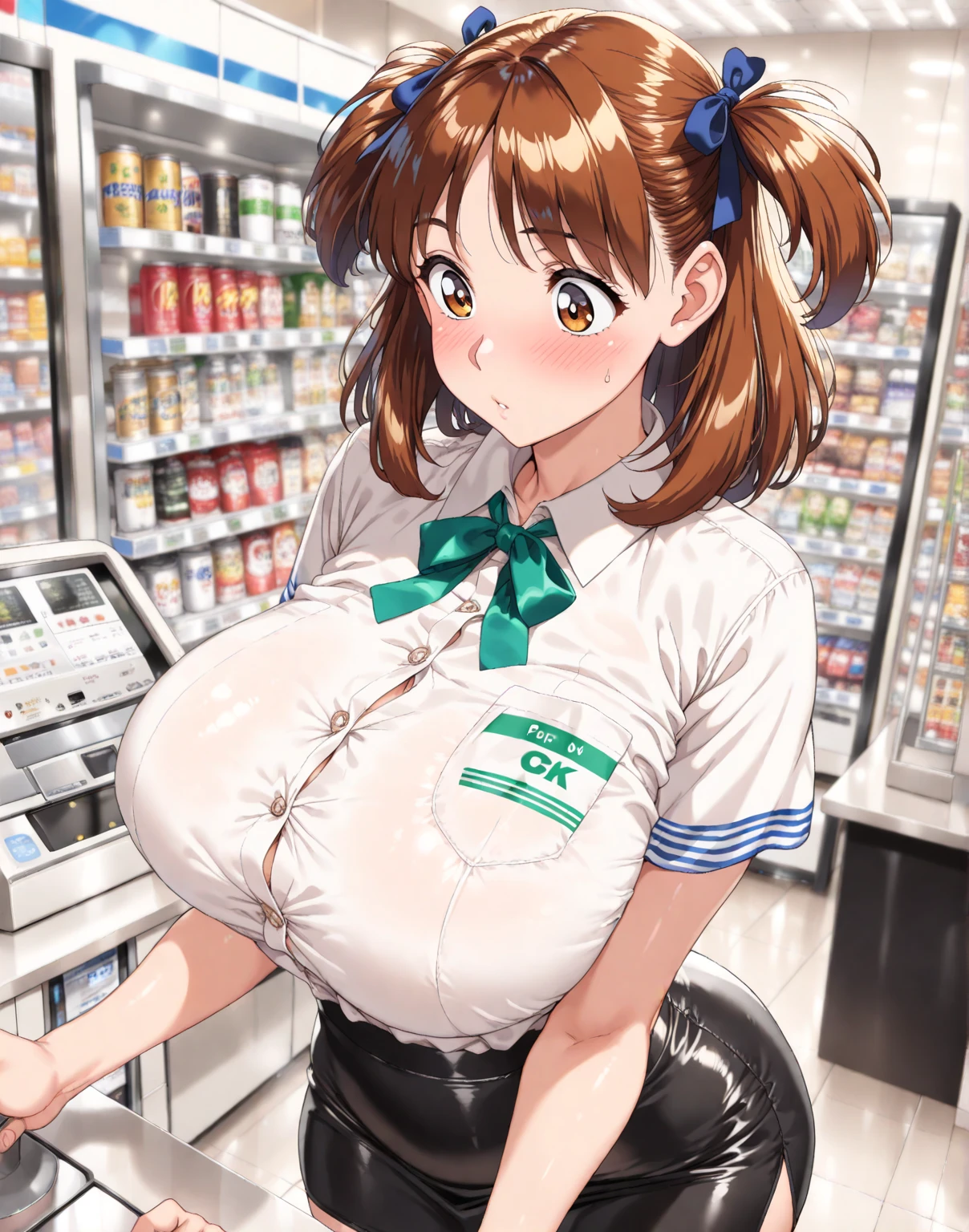 Score_9, score_8_up, score_7_up, score_6_up, score_5_up, score_4_up, source_anime, 1girl, cute girl, detailed eye, secretary clothing, secretary, sleeveless, French twist updo hair, sagging gigantic huge biggest breasts, huge areolae, areola slip, dark nipple, dark areolae, hairy stomach hair, hairy armpit hair, Japanese, cute Japanese, hentai, sweating, heart mark words, smelly, working atmosphere, brown hair, computer, crowded, leg tights, receptionist atmosphere, counter, in reception counter, shopping mall, information counter, document, pov, upper body only, milking, squeezing breast, feeding milk, bukkake, leaning forward, blushing, looking away