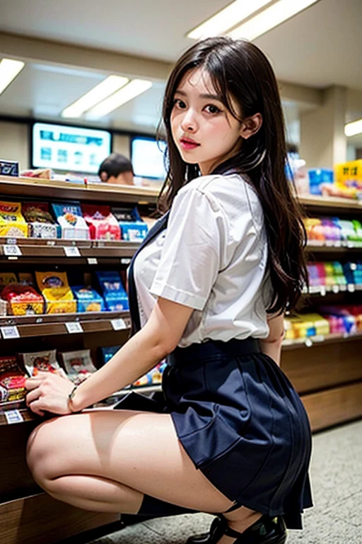 (Young and beautiful woman)、(Spread your legs wide)、(Whoosh from below)、Peeking up a skirt and taking pictures、blush, blush、Looking into the camera、Food section of a supermarket、
