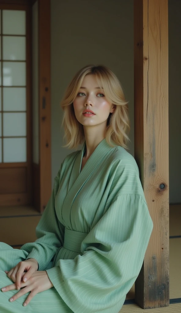 (((film grain、RAW photo)))、one woman、18talent、unparalleled beauty、beautiful teeth、natural look、small nose、plump lips、beautiful silky blonde hair、remand、Beautiful kimono figure、heavy kimono、yamato nadeshiko、blurred background:1.5、medium depth of field, Photographed with Canon 5D, 50mm lens, f/4 apertures, (very detailed, intricate details), sharp focus, calm colors, 8k、confused, 8mmfilm grain