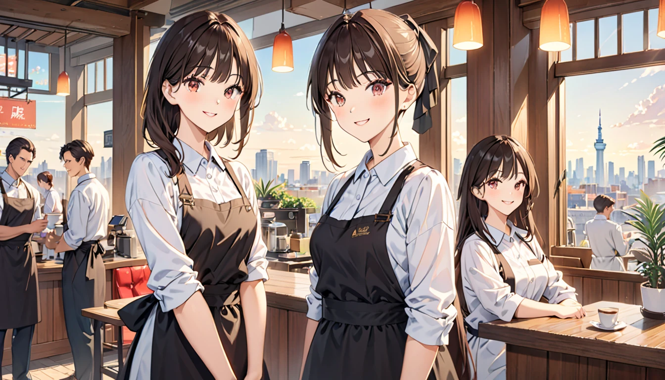 ((Masterpiece, top quality, high resolution)), ((highly detailed CG unified 8K wallpaper)), (huge stunning goddess shot, so hot and sexy, jaw dropping beauty, perfect proportions, beautiful body, slim body beauty:1.3), Food stall, kitchen car, two female clerks wearing black aprons selling ice cream, short hair, smiling, customers waiting in line, (handing ice cream to viewer:1.3), view from behind,