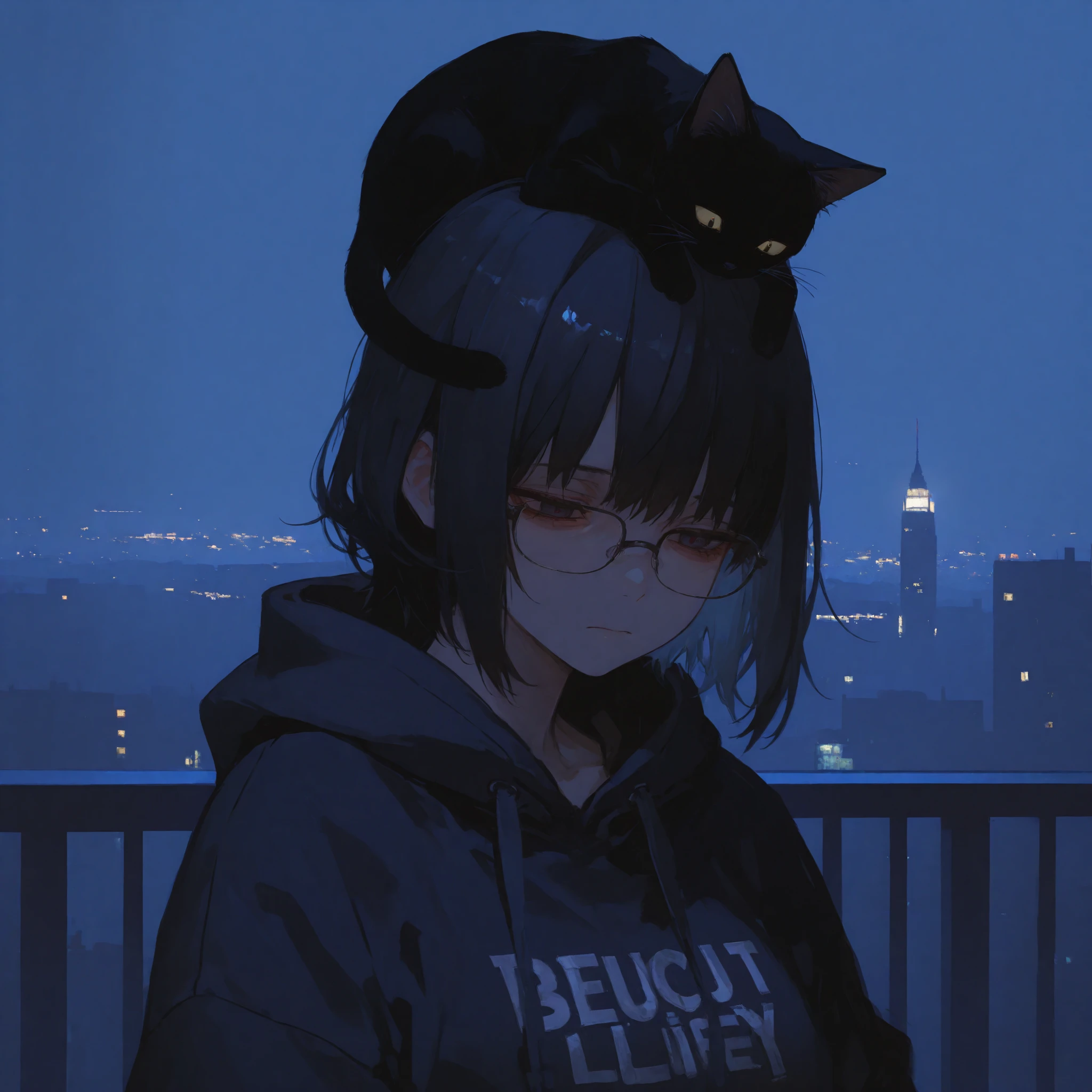 1girl, one girl with short black hair wearing an oversized black hoodie, dark eyes, glasses, black cat on head, (cinematic lighting, masterpiece, beautiful, depressing, shades of blue, night city life background)