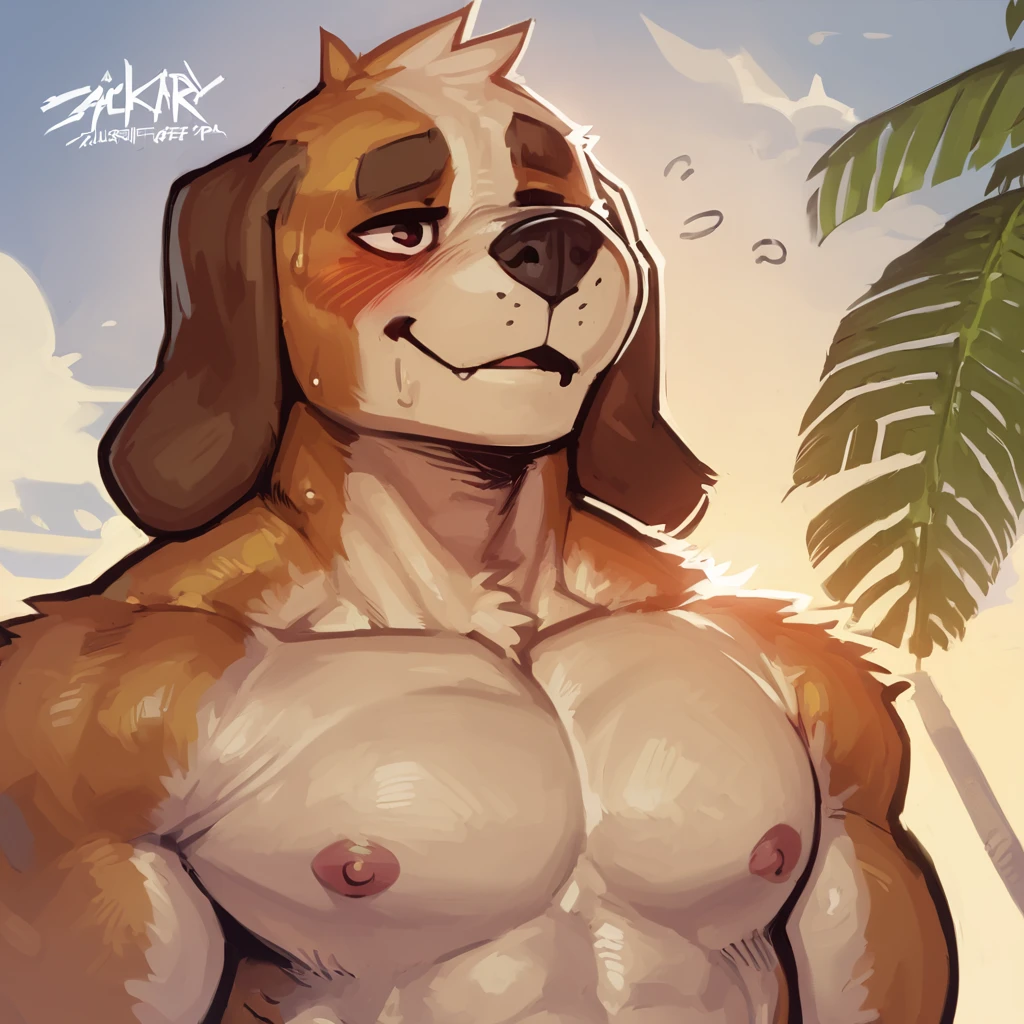 (photorealistic:1.6), ((high quality, handsome, male anthro, spotted dog, domestic dog, detailed face, (detailed fur, fur), extremely detailed shader, shaded)), (pose), (detailed face), (street in the middle of a beach background at afternoon), photorealism, (croptop, underwear, [big bulge], big pecs:1.56), full view, (collar)