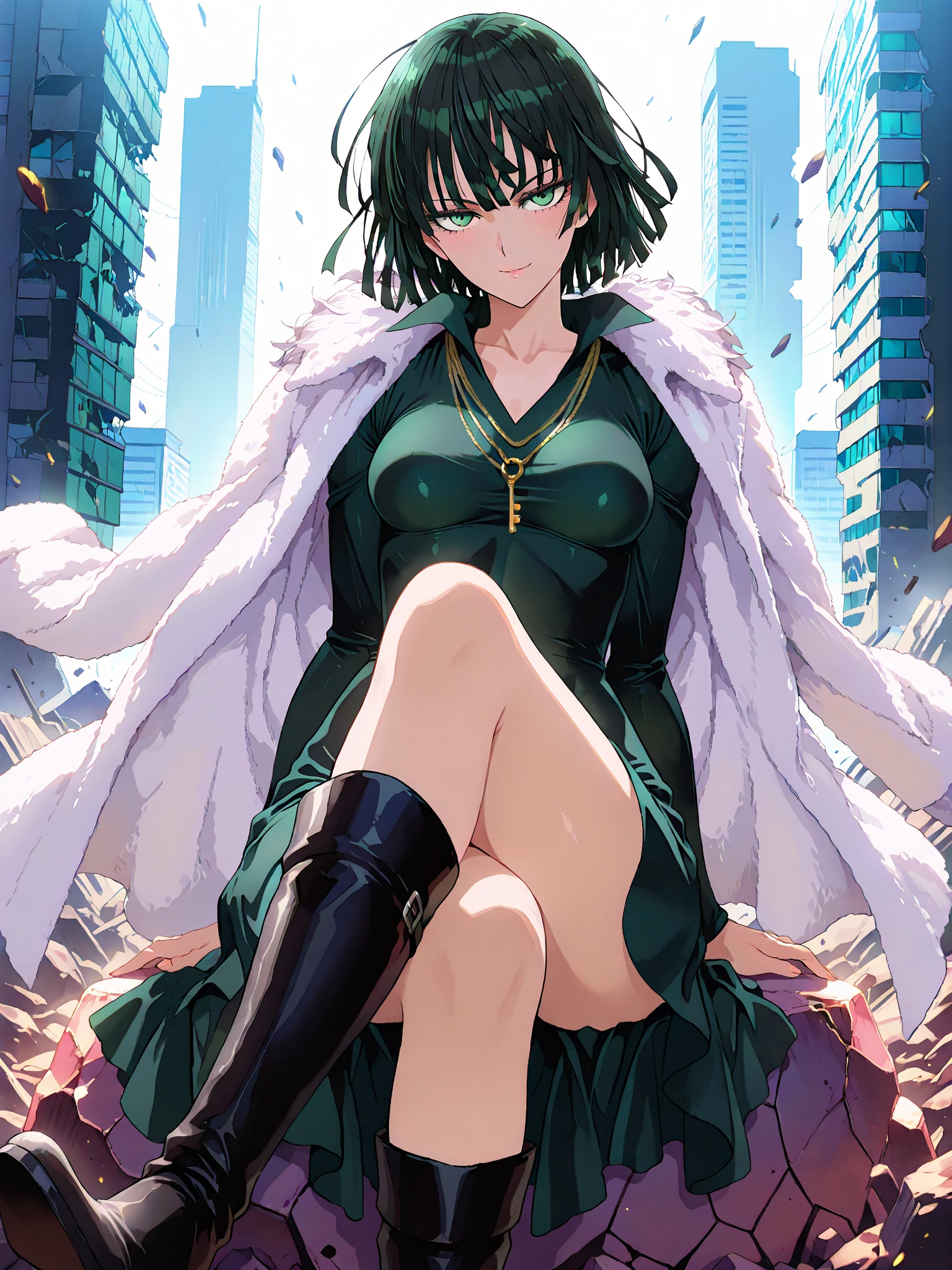 Anime art style, Fubuki from one punch man, green hair, white skin, wearing V-neck dress, sitting on destroyed rock, cinematic lights, blushing cheeks, evil smiling, detailed mid breast, big booty, NSFW, back view.