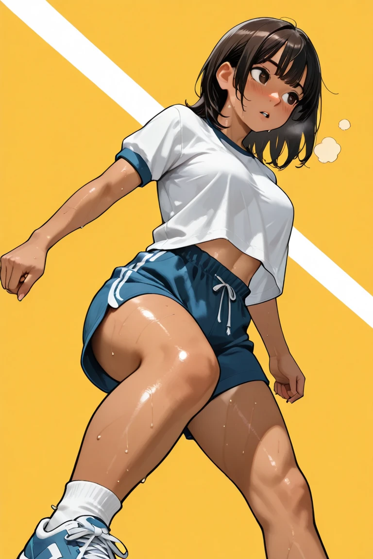 1girl, solo, white polo shirt, white sneakers, tennis wear, white miniskirt, masterpiece, best quality, realistic, hyper-detailed, (shiny skin, sweaty:1.4), absurd, looking at viewer, short black hair, brown eyes, slender, dynamic lighting, high resolution, sharp focus, depth of field, detailed eyes, sharp pupils, realistic pupils, (small breasts:1.6), (thick thighs:1.0), outdoor, sky --auto