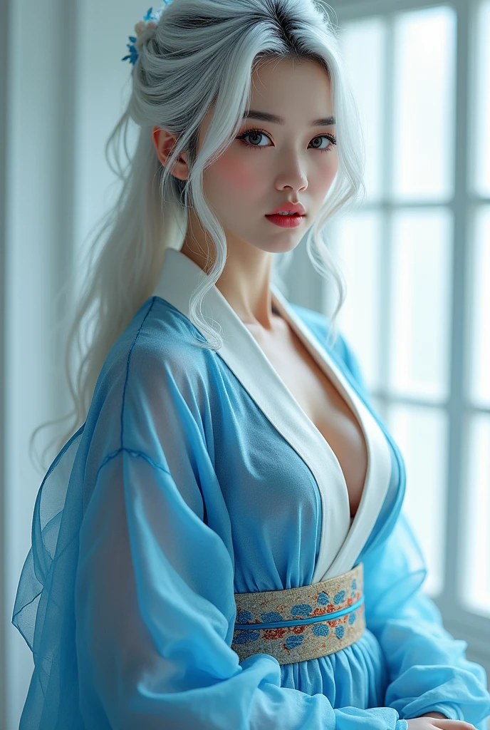 (Hyperrealistic), (illustration), (high resolution), (8K), (Extremely detailed), (Best Illustration), (Beautiful detailed eyes), (Best quality), (Ultra-detailed), (Masterpiece), (the wallpaper), (Photorealistic), (Natural light), (rim lit), (Detailed face), (Highly detailed realistic skin textures), (Anatomically correct), (Solo), (1 girl), (high detailed realistic hair), (Blue hair:1.2), spiked hair, (Heterochromic eyes), (detailed green eyes), (Small moles under the eyes), (Realistic big breasts:1.5), (Exposed breasts:1.3), (Long legs), (Slender abs), (Dynamic pose), (Closed mouth:1.3), (traditional Hanfu attire), (Sheer clothes:1.5), NSFW,