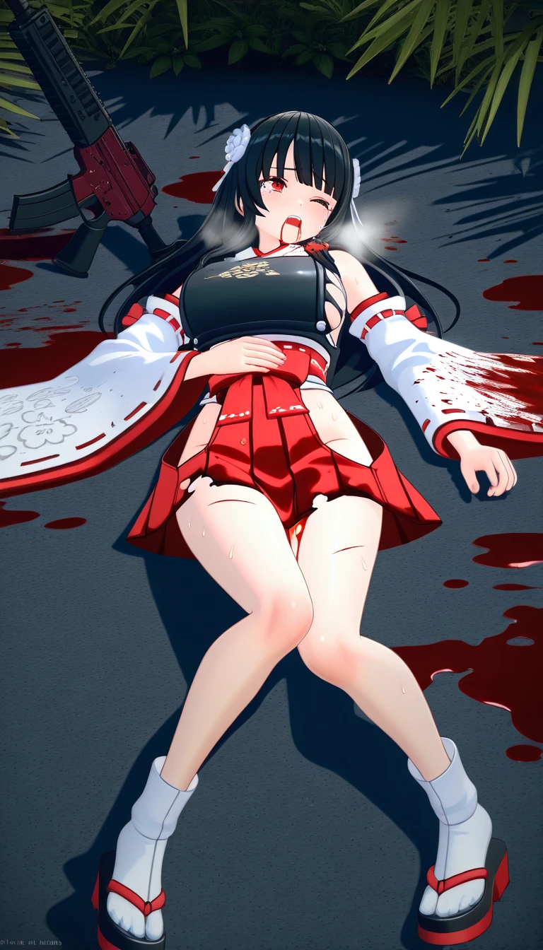 Fear screen，darkly，Ghastly，blood vess，Dilapidated building，Suspenseful atmosphere，Sudden startle，Horror images appear，spine-chilling，Broken laundry，and hold your head in your hands，There are wounds on the breast，only in panties，In the square，Open-mouthed