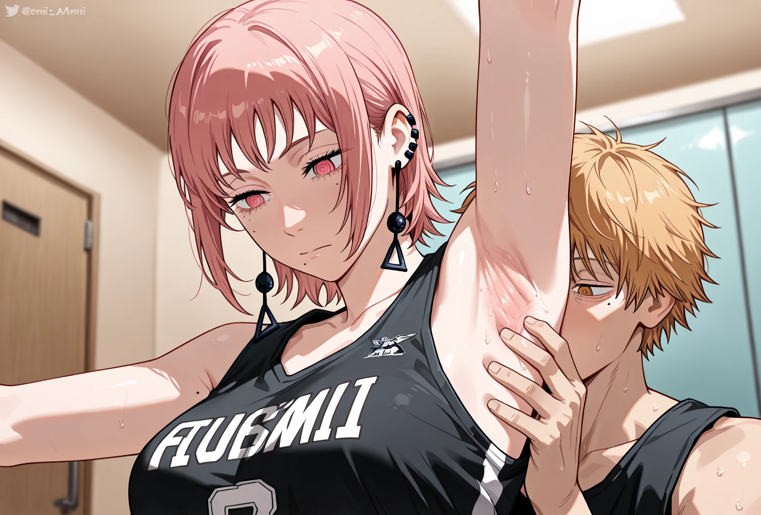 short girl and half-naked black man, A girl wearing an oversized plain T-shirt seduces the viewer while staring at him., view from bellow, healthy thighs,(Ahegao:1.5, roll your eyes 、netorare face:1.5),
, , (evil smile:1.2), off shoulder,(Wet), long sleeve, sunburned skin, Saucy,( blush, Naughty play from behind, NTR composition、wet、)
((Perverted sweaty half-naked man puts his hand on the girl's shoulder:1.2)),
absurd solution, Super detailed, highest quality, cute illustration,