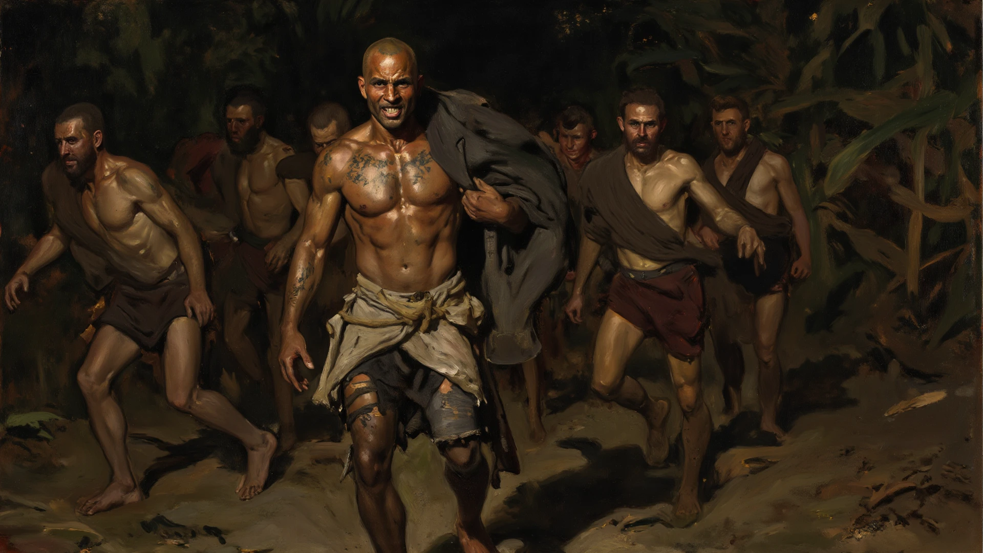 Oil painting style，The Early Years of the United States，Cotton fields，Um homem caucasiano，Hideous-faced，Caucasian man holding a whip，A lot of black people，Black people picking cotton，White people whip black people to urge them to do what they want，Black people are suffering
