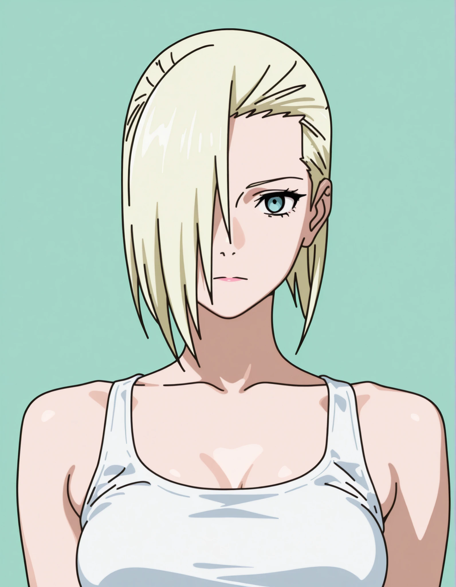  Beautiful woman in her 30s, blonde hair, long thin face, blue eyes, thin face, short hair, slicked back, emo bangs falling over one eye (Yamanaka Ino bangs), tall athletic woman, white top, thin face. Masterpiece, best quality, 2D, flat shading, flat illustration, minimalist, pop art style, neopop, linear drawing, vector stroke, 1 girl, alone, medium breasts (plain background), looking at viewer, no makeup, sexy pose, beautiful eyes, detailed eyes.