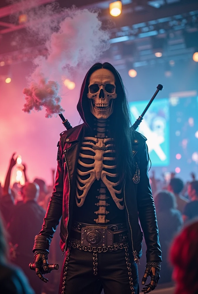 Rocker DJ with a skull mask covering his mouth, long black hair and black goatee, with mixing console and speaker towers, illuminated with red and blue lights with a black background