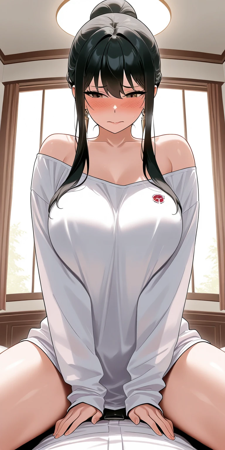 1girl, mature women,perfect ,black hair, long hair, messy hair, saggy hair,plump, chubby , fat,saggy breast, pajama, blush on , bedroom 