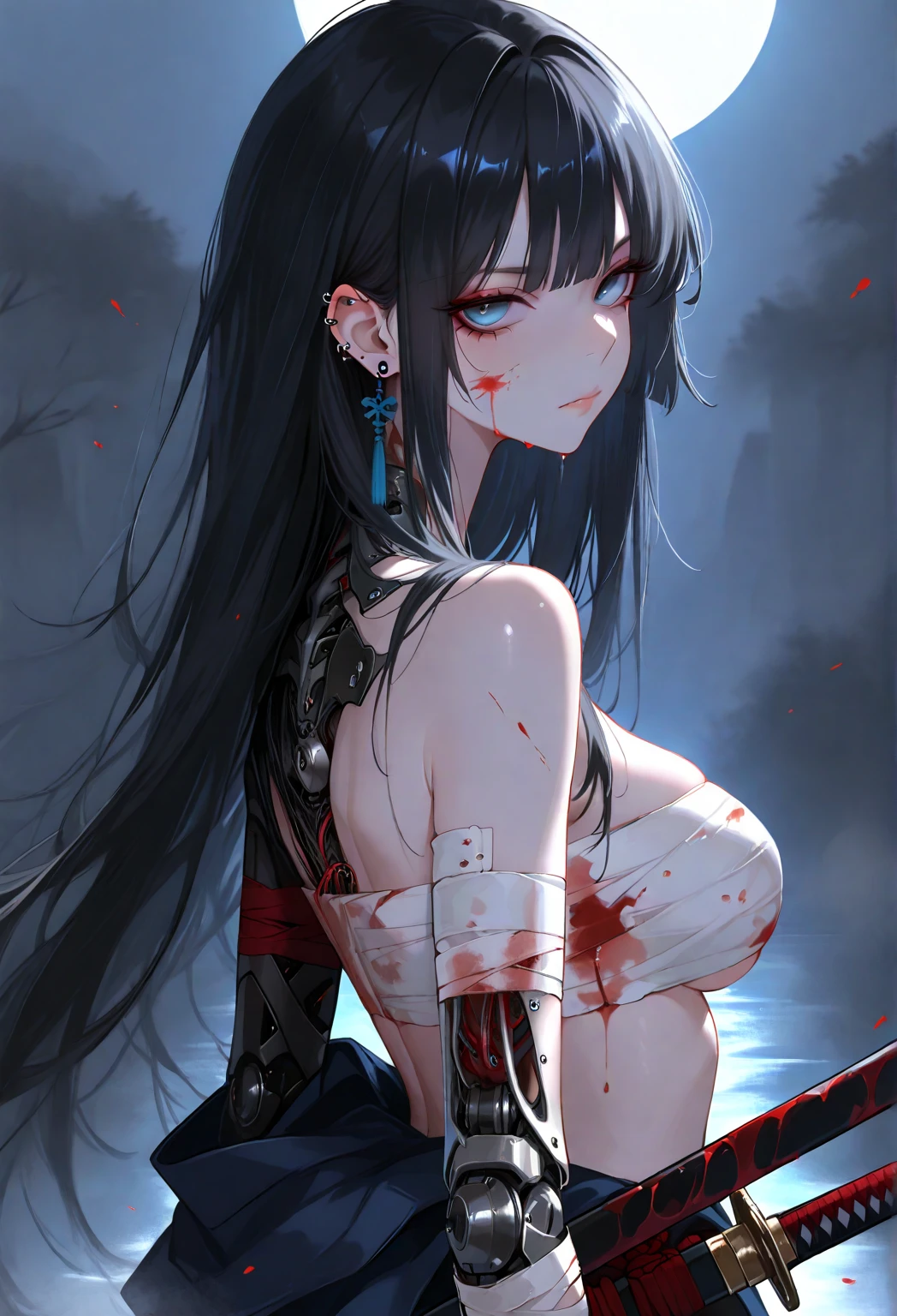 Black hair, green eyes, scars all over the body with tears in the eyes and blood on the clothes.