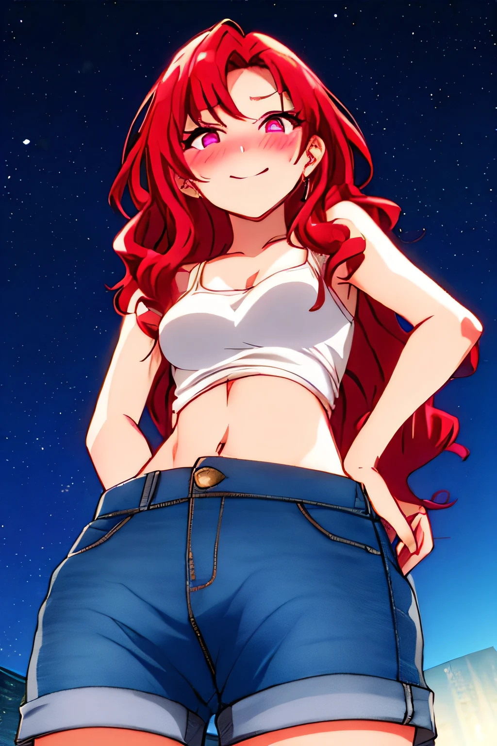 view from below and behind, Portrait of a very thin anime girl with pink eyes, red hair, middle part hairstyle, wavy hair, beautiful hair, Long hair, blushed expression, SOFT SMILE, cute face, fragile and delicate body , cintura delgada, ABDOMEN PLANO, thin legs, tiny breasts (Cup A), crimson tank top, short jeans , Weight: 45 kilos, height: 154 cm , good proportions, in the rooftop, night sky, background city, lunar light, anime-style, ultra detailed
