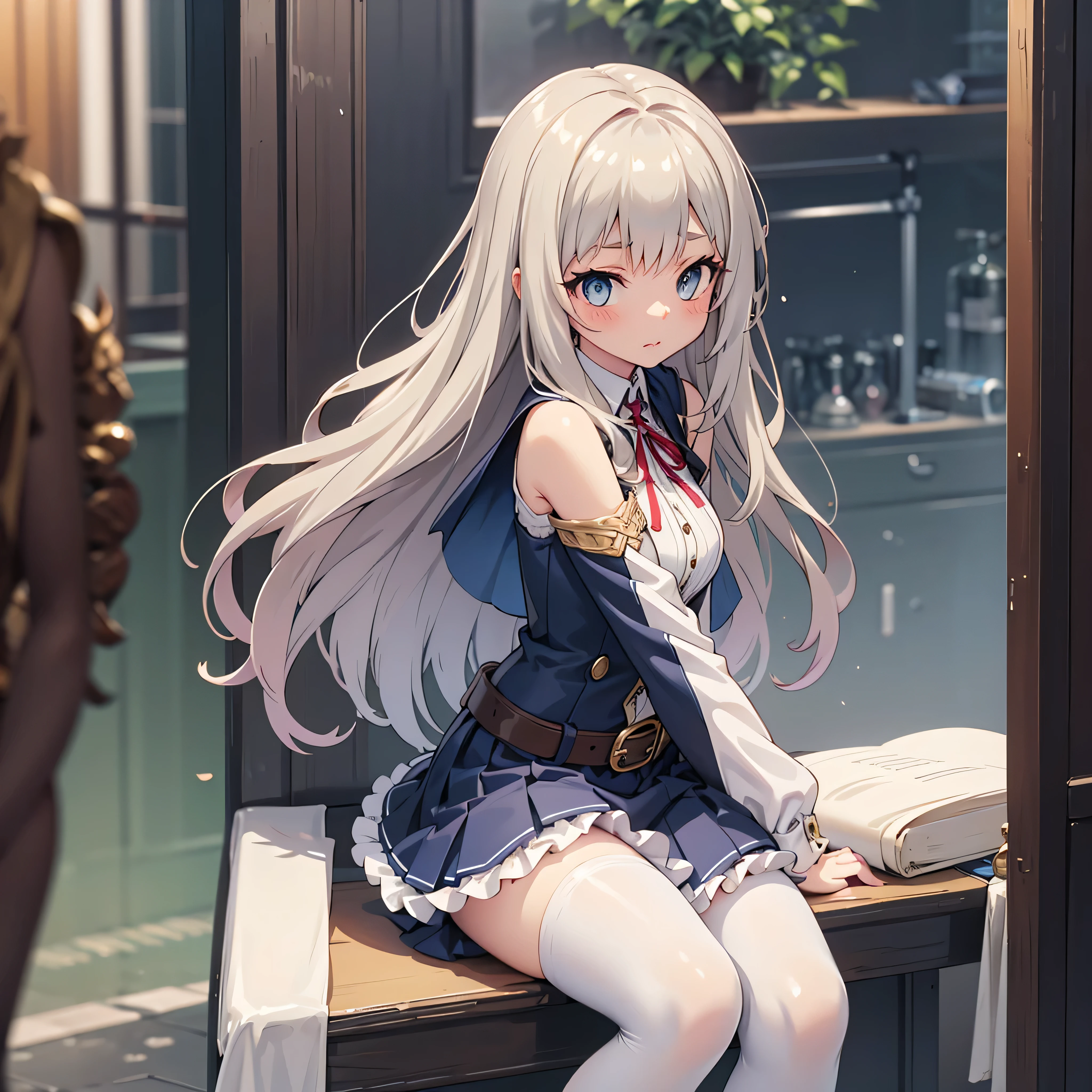 masterpiece, best quality, flugel enchantress girl,sfw sexy, fantasy anime style, She wears a white sleeveless dress, with golden buttons, and accents. The skirt has multiple layers, one frilled, one pleated, and a straight one on top. She wears a capelet, sharing design with her dress. She has a navy blue square-end tie. She wears a pair of separated loose poet sleeves, white with golden accents, and ribbons across the side, longer than her arms, each tied with a navy blue ribbon. She wears white tights, with golden vertical lines, and a pair of white high heels, with a ribbon on each. There seems to be a black belt with a white pistol holster under her dress' skirt.