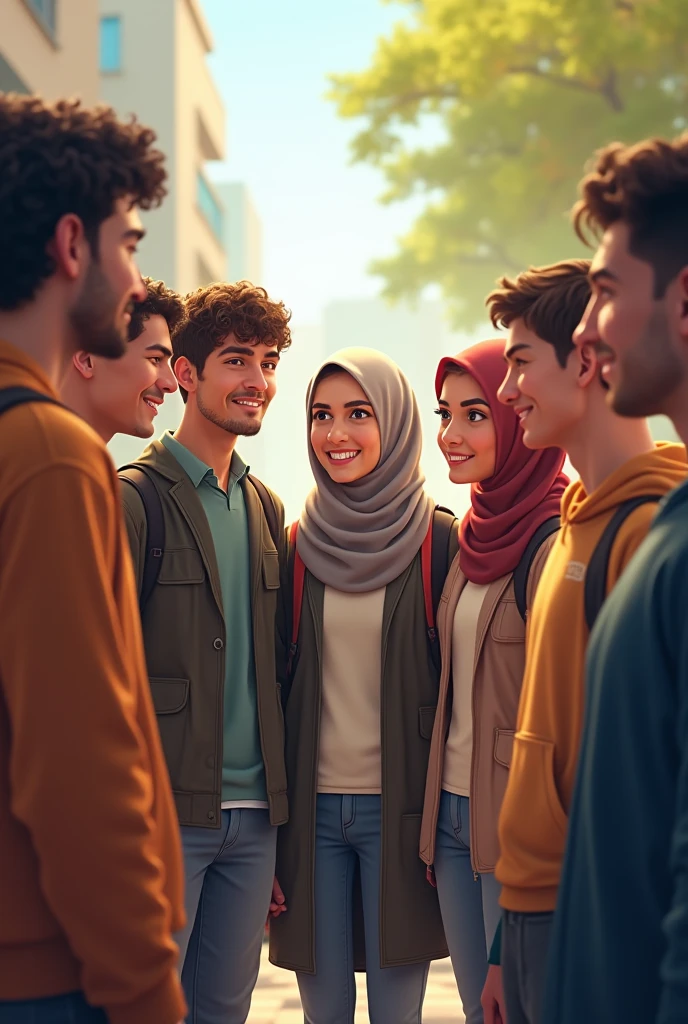 ((3 man wear jacket sitting), (2 hijabbed woman sitting), (1 hijabless teenage girl sitting)), casual fashion, happy expression, white skin people, indoor, extreme detail, masterpiece, 4k, adult 3D character, proportional, cinematic lighting
