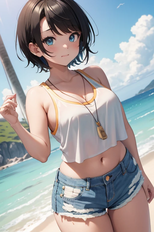 (Solo:1.2), portrait of an amazingly beautiful 28 year old woman, short black hair, amber eyes, tanned bronze skin, smile, outdoors, medium breasts, bandeau, crop top, strapless, midriff, bare shoulders, unbuttoned shorts,