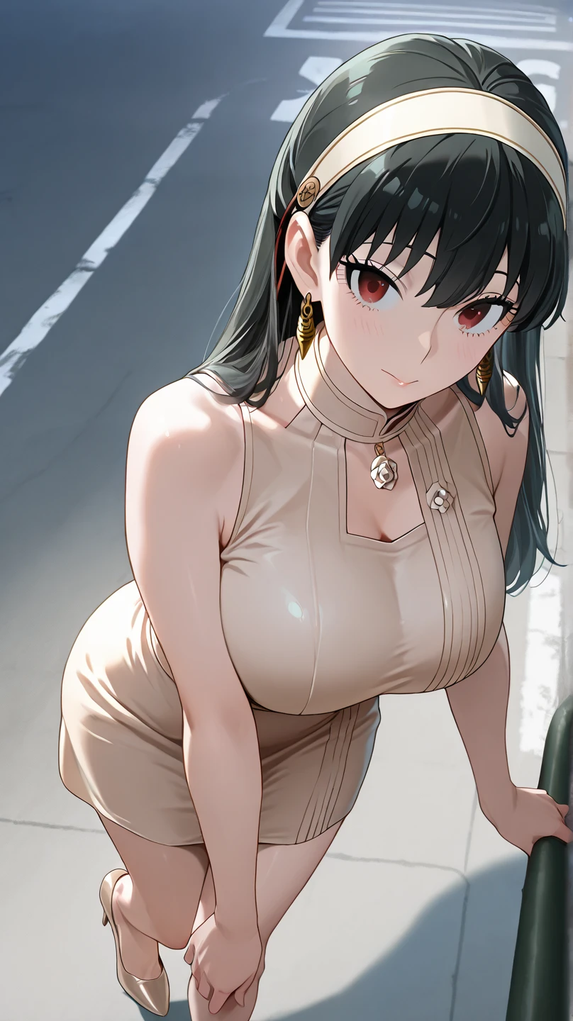 <lora:Anna_SW:0.8>, Annadef, black hair, black eyes, long hair
masterpiece, best quality
outdoors, standing,breasts, closed mouth, sleeveless dress, turtleneck dress, pantyhose, road, looking at viewer, solo, night, arms at sides, (yellow dress:1.2), turtleneck, 1girl, large breasts, bangs, street, dress, bare shoulders, cowboy shot, expressionless, sleeveless, blunt bangs, black pantyhose, empty eyes