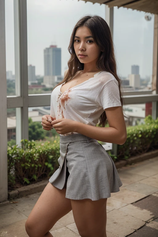 1girl in, 30 years old, Square face, Long hair, Looking at viewer, jewelry, Reality, Sexy, Short skirt outfit, sky background , free pose
