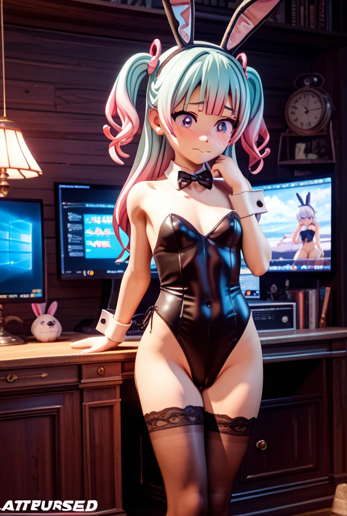 masutepiece,A hyper-realistic,32K,the Extremely Detailed CG Unity 8K Wallpapers, Best Quality,Girls,((Wearing rainbow latex gothic cheongsam:1.2)),(((Deep slit))),(fishnet bodysuit),Colorful wavy twin tail hair,Full body shot,In the bar,Smile,gal make