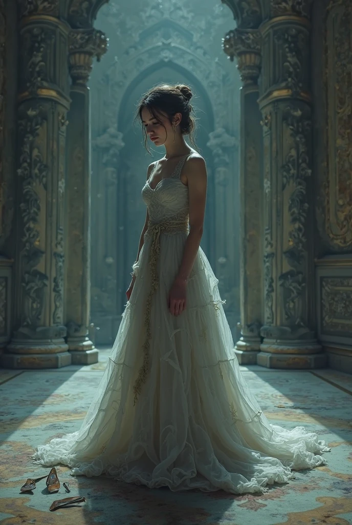 Sophia Lillis, thick body, loose grey gown, long wavy hair, posing like a statue, cleavage