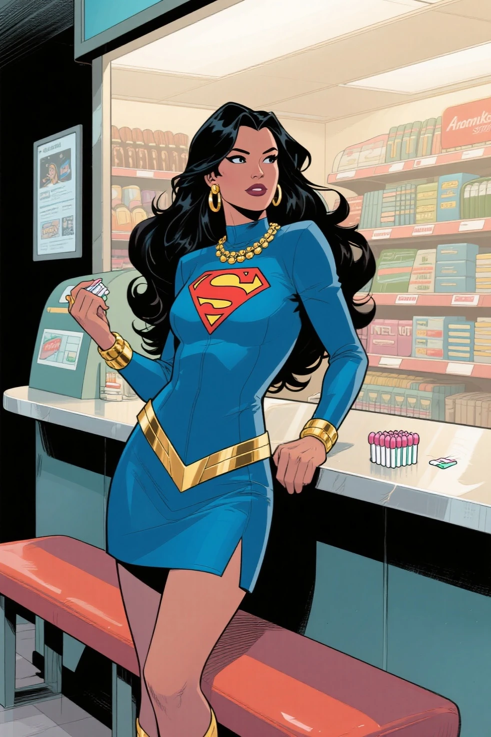 vintage sexy mia khalifa comic book, color,sweaty, moisty, by alex raymond, moisture stain, ..., 1girl, bangle, black_hair, bracelet, breasts, brown_eyes, cleavage, dark-skinned_female, dark_skin, dress, english_text, gold, jewelry, large_breasts, long_hair, makeup, sitting, smile, solo, speech_bubble, spoken_ellipsis, sunset, thighhighs, thought_bubble, wristband, yellow_background, yellow_sky, yellow_theme