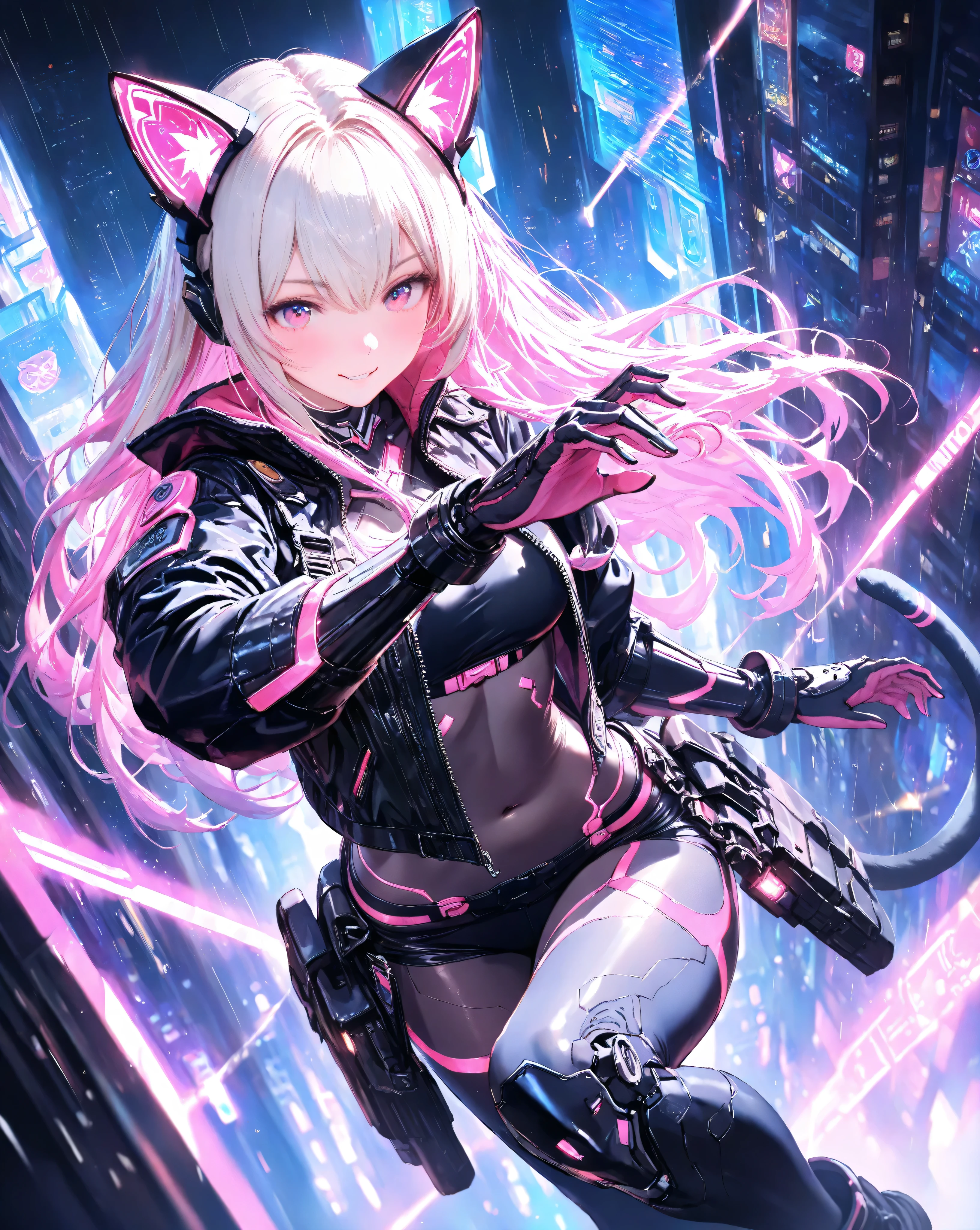 Quality:
(Score_9), (masterpiece, detailed:1.2), (ultra-detailed), (ultra-quality), (super-resolution), (detailed-background)

Art Style:
(photorealistic):1.4, (2.5D):1.5, (realistic lighting):1.3, (realistic texture):1.2, cinematic lighting, volumetric lighting, ray tracing, depth of field, motion blur, neon glow, cyberpunk lighting, vibrant pastel color palette, dramatic angle

Subject:
(One Breathtakingly Beautiful 20-Year-Old Fairy Cat Woman):1.5, (triumphant grin):1.4,(determined expression), vivid eyes, delicate and moisturized lips, smooth and curvaceous body lines, translucent and moisturized skin, graceful knee lines, natural and beautiful leg lines, delicate body contours
(detailed skin texture):1.3,
(platinum hair with neon highlights):1.2, shimmering with digital light, meticulously detailed strands of hair, silky smooth texture, flowing like it flutters in the wind, natural shading and highlights,
(cyber cat ears):1.2, emitting faint holographic glows,
(mechanical cat tail):1.2, with visible intricate circuitry and a subtle hum,
(cyberware from which the fox tail emerges):1.2, subtly pulsating with light,
(natural and graceful hand pose):1.3, hands based on realistic human body structure, transparent fingertips, clearly defined joints, detailed expression of the fingers,
(dynamic action pose):1.3, (mid-air pose)

Outfit:
(cyberpunk techwear):1.6, (belly-exposing crop top):1.6, (black leather jacket with neon glowing lines):1.5, (short-sleeved black leather jacket):1.4, (harness and straps):1.3, (armored gloves):1.3, (futuristic combat boots):1.3

Background:
(looking down from high above):1.6, (falling alongside massive cyberpunk skyscrapers):1.5, (vertigo perspective with city lights rushing past):1.6, (blurred streaks of neon from the buildings):1.4, (rain-slicked building surfaces reflecting light):1.4, (distant city sprawling far below):1.3, (glowing holographic advertisements blurring past):1.3, (dynamic motion lines indicating rapid descent):1.2