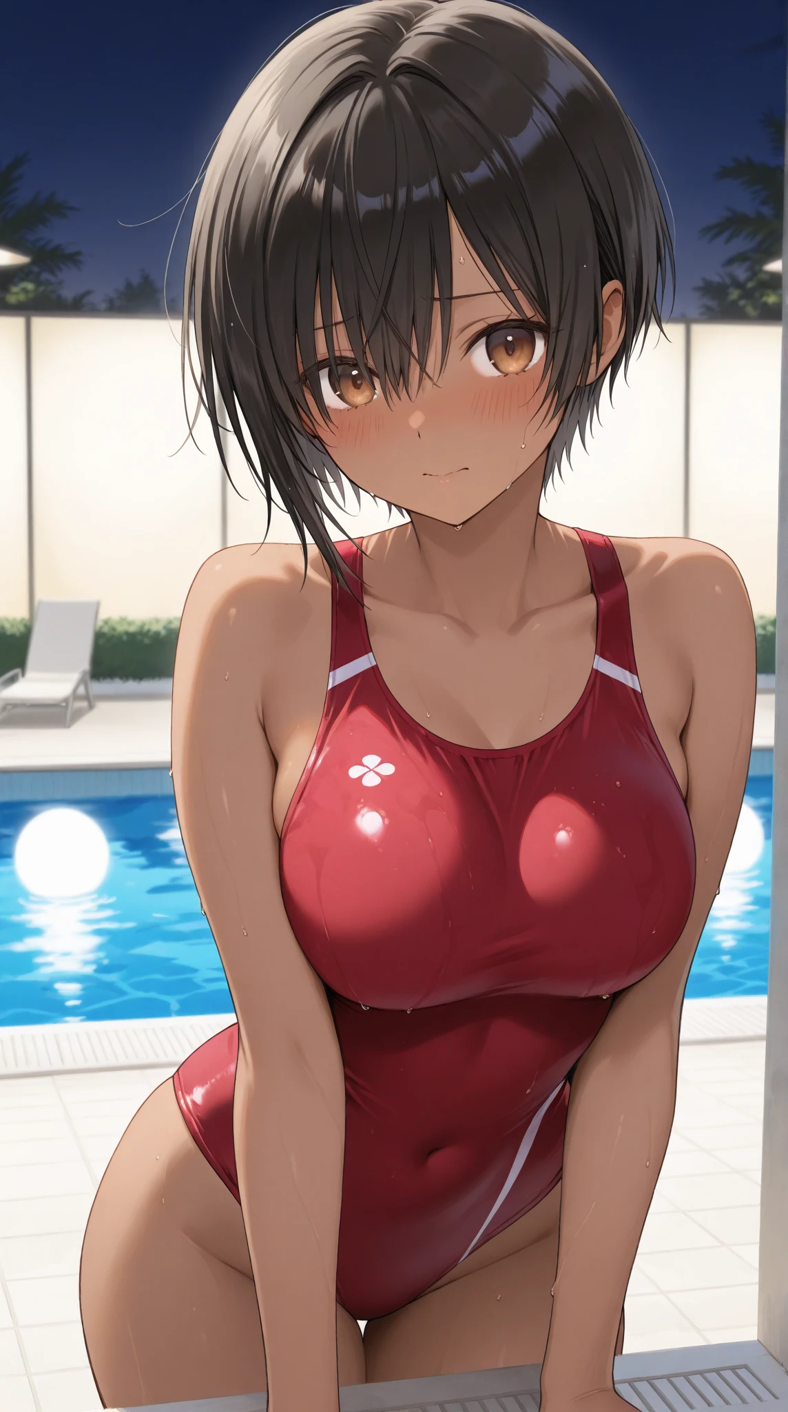 Mikazuki Shizuka, alone,One girl,Sportswear,Tsundere,belly button,sex,Insert,Have sex,Sweaty,Lovey-dovey sex,Holding hands,Medium chest,Sound effect,nsfw,Poolside,blush,BREAKscore_9, score_8_Excellent, score_7_Excellent, anime