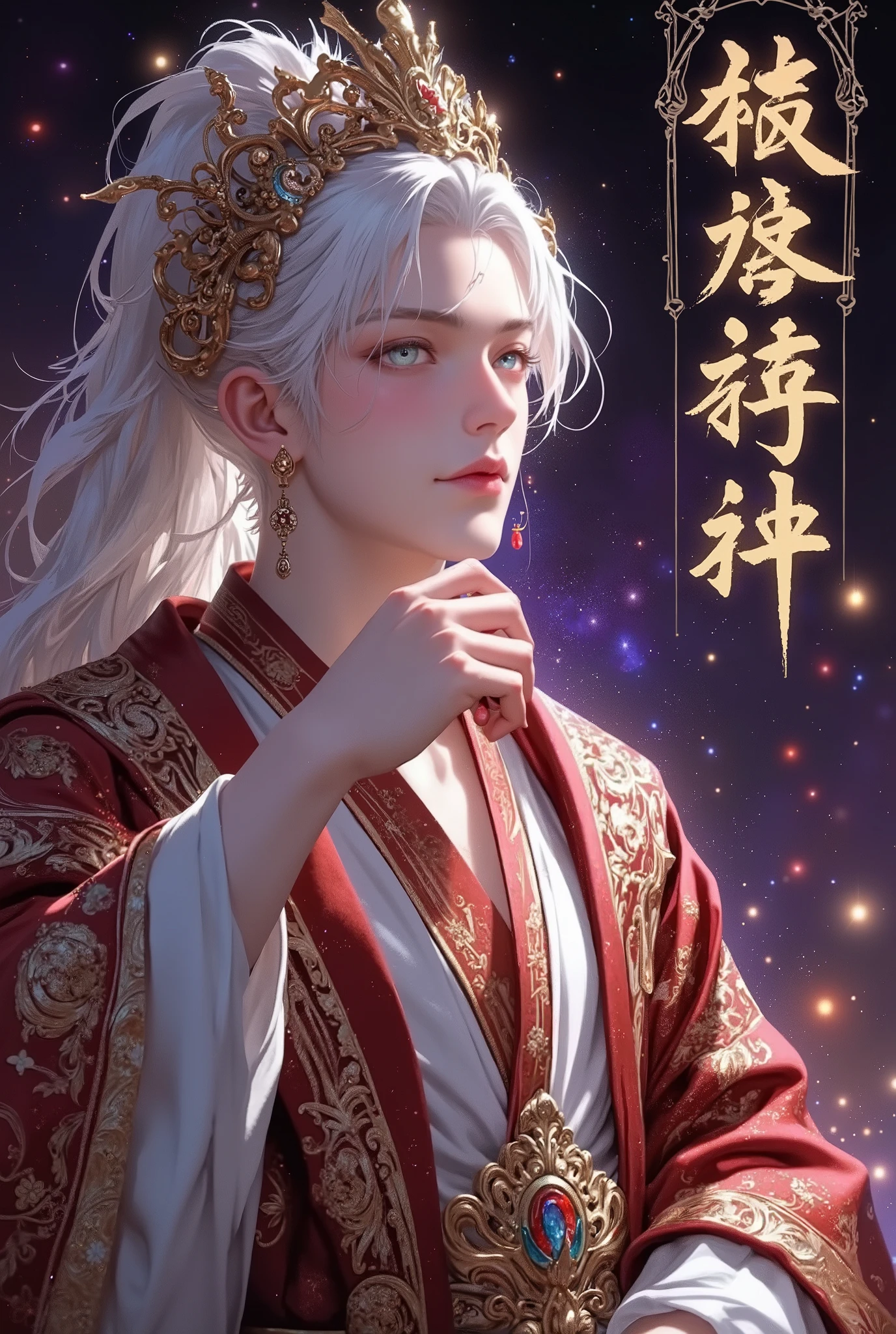 An adult man with long, flowing white hair and light skin, likely East Asian ethnicity. He is positioned slightly off-center to the left of the image, and he's wearing a traditional, ornate, red and gold-trimmed robe, suggesting a historical or fantastical setting. His hair is styled in a long ponytail, and he wears a decorative gold headpiece. He is looking directly at the viewer with a thoughtful or pensive expression. His eyes are a striking, bright teal green. He is wearing small, red earrings. He is holding his hand near his mouth, in a thoughtful or contemplative pose. The background has a blurred, starry backdrop of deep purple and red hues, and faint hints of moonlight. The overall composition is slightly angled from a three-quarter view, and the image style is reminiscent of anime or manga artwork. The lighting is soft, highlighting the character's features, emphasizing the intricate details of his clothing and headpiece. The colors are rich and saturated, focusing on soft, muted reds, whites, and golds. The character's body is slender and proportionate. There is a large, stylized Chinese character graphic overlayed on the Right Side part of the image, in a Bold gold-colored font, adding a visual layer to the piece.