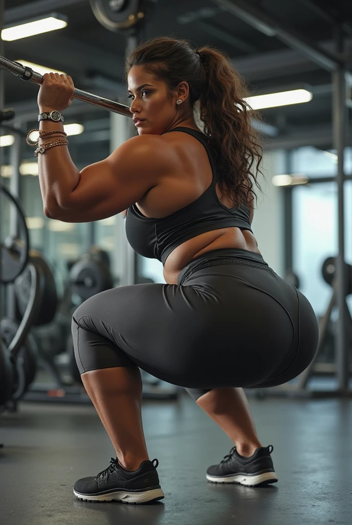 Full body shot, beautiful woman in her 40s in white sexy sports short shorts leans forward in gym, sweat on body, extremely large breasts, extremely large round butt, extremely wide athletic hips, strong legs and back,(best quality,4k,8k,highres,masterpiece:1.2),ultra-detailed,(realistic,photorealistic,photo-realistic:1.37),extremely detailed eyes and face,longeyelashes,beautiful detailed eyes,beautiful detailed lips,portrait,fitness,athletic,gym,sports,photorealism,cinematic lighting,vibrant colors,dynamic pose, back view