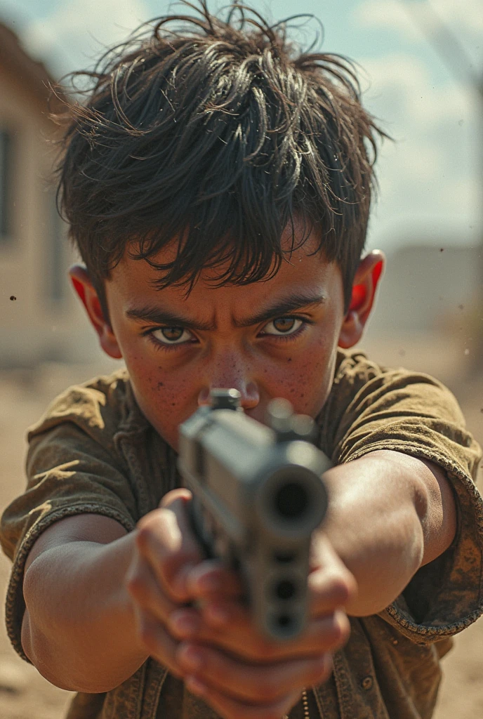 Boy with a gun crying