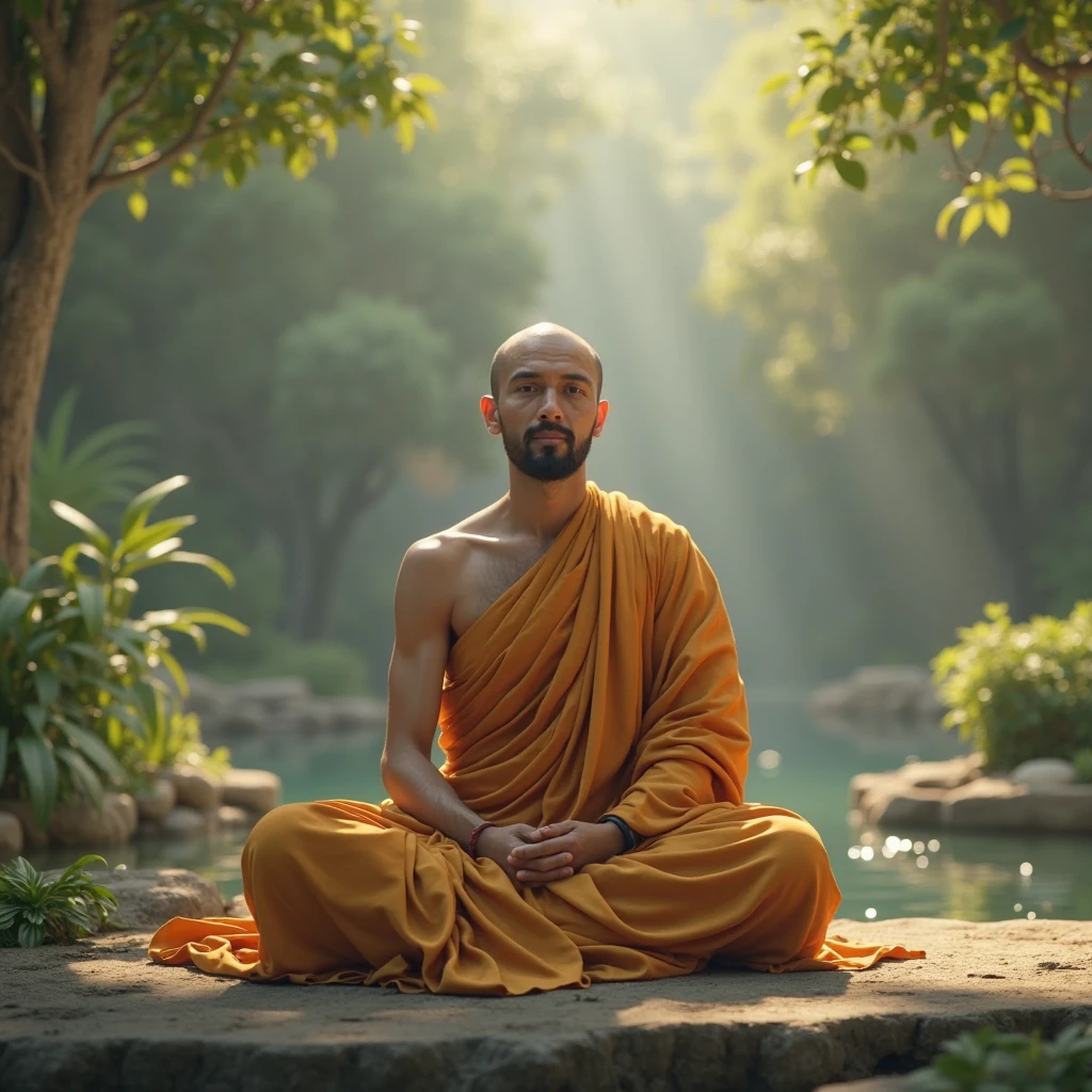 buddhist monk meditating, not to the center, clear facial features, bright colors, light particles, with bright light, Mushhiv, wallpaper art, UHD wallpapers, vivid atmosphere, near an old house, village