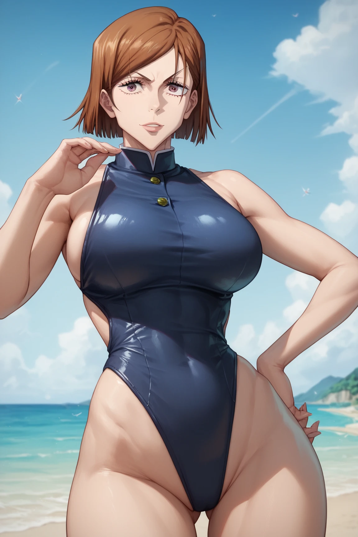 1个Giant Breast Girl, Brown hair,short detailed hair,eBlue eyes,full bodyesbian,Wearing black transparent dress with translucent cloth, V-chest clothes, see-through cloth, flowing salmon silk, translucent silky dress, flowing magical flesh robe, translucent cleavage dress, Sexy lingerie camisole, silky garment, flowing pink silk, Draped in flowing fabric, flowy fabric,(tmasterpiece, Best quality at best, high qulity, A high resolution, ultra - detailed)