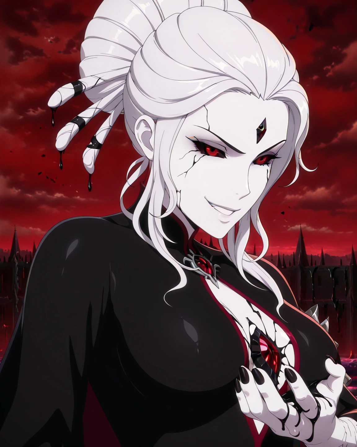 score_9, score_8_up,score_7_up, source_ anime, partial color, traditional art, masterpiece, ultra high resolution, ultra-detailed, 4K, intricate detail, hyper-detailed, highlight and shadow, volumetric lighting, highly detailed background:1.2, epic background, (Salem_RWBY, pale skin, white skin, silver hair, female, big breasts, parted lips, athletic, muscular, female focus, multicolored hair, scar, short hair, smile, two-tone hair), (revealing, harem loin cloth, erotic pose), (fantasy, rain, energy, shatters moon), (black red white colors),