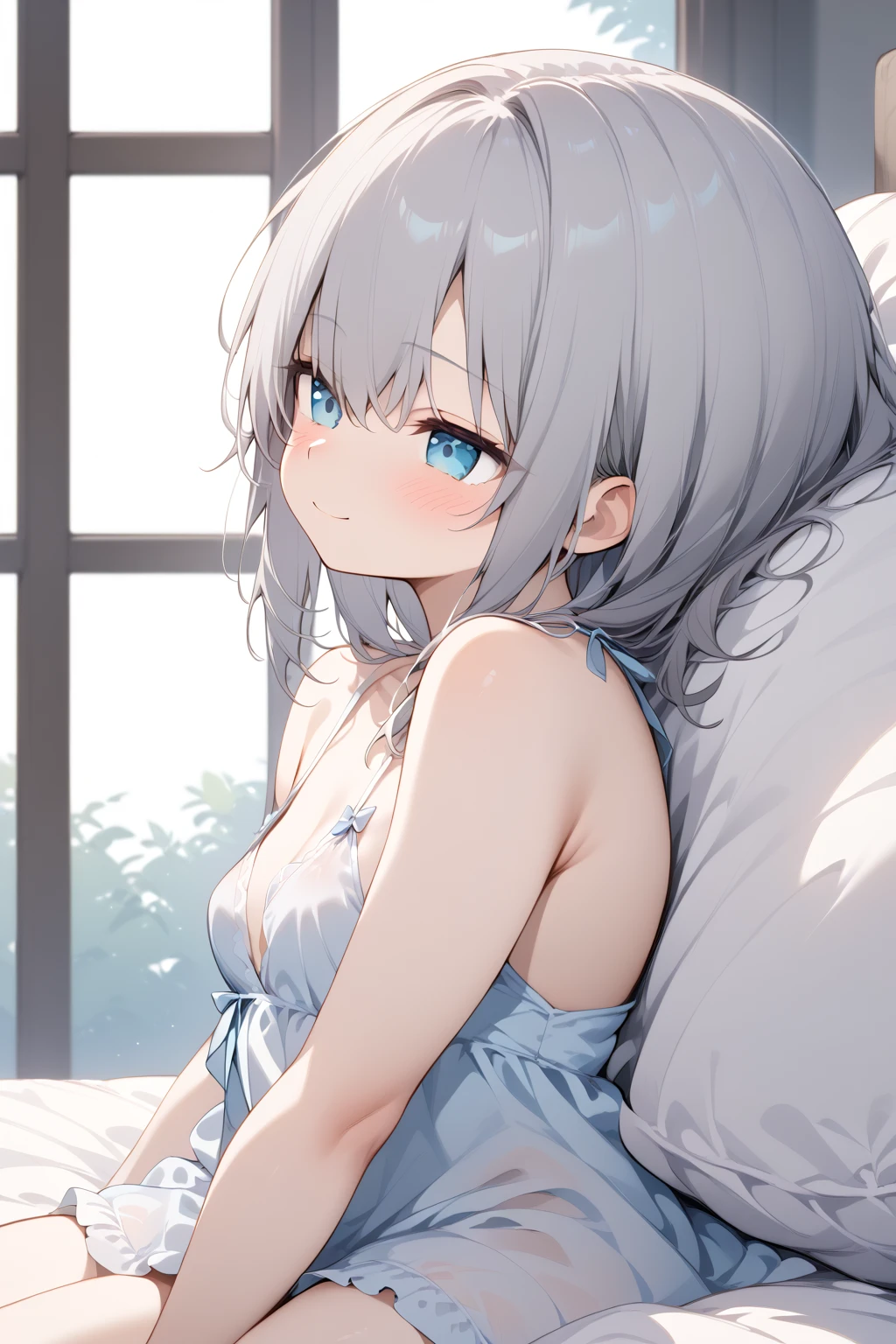 1girl、(((best quality)), ((masterpiece)), (details), masterpiece, best quality, high quality, ulutra detailed, perfect face, ((1girl, Blue eyes, cat ears: 1.3 silver bob hair: 2.5,))、Shiny Hair、Glowing Skin、Happy face、Lustful look、negligee、Sideboob、valley、Lie down in bed、sleep、night、Bedroom、
