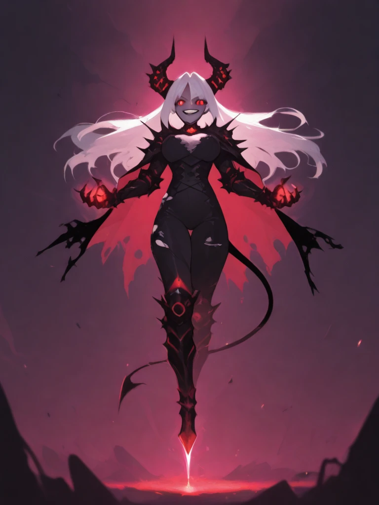 a female demon、black backgrounds、Red Energy Magic、Red glowing eyes、Black skin、Dynamic poses、kawaii、fit build、Gorgeous perfect face、Realistic and highly detailed rendering style、zbrush、Hyper realistic oil、Contoured shading、Dark Scene、The Darkness、Silver Hair、White hair、Red eyeballs