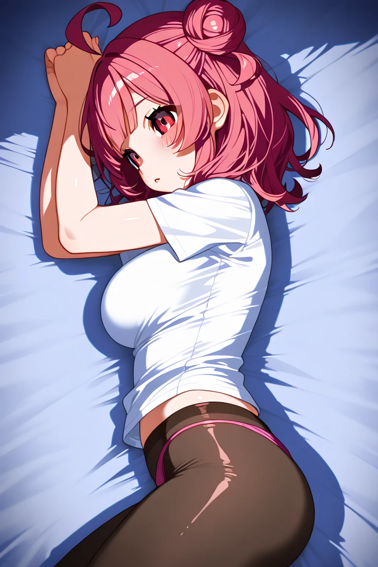(masterpiece,detailed,8k,hires:1.3),(good anatomy:1.3),(upside down:1.3),girls room,pro lighting,1girl,(cowboy shot),(sailer uniform,white short sleeve shirt,navy collar, red chest ribbon),(lying on back),(on the bed),huge breasts,cleavage,detailed face,pretty face,pink hair,detailed eyes,green eyes,shining eyes,detailed nose,better hands,from front,