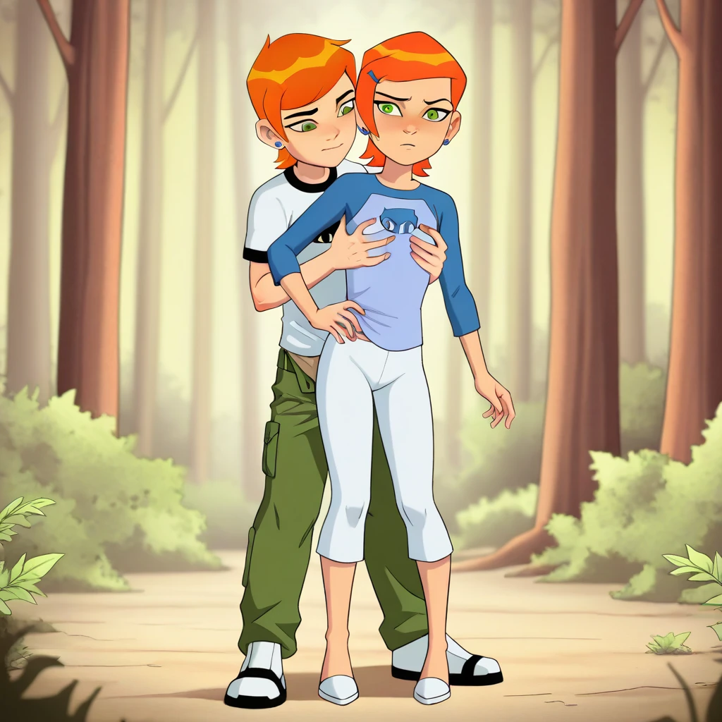 shaggy rogers, tank top, relaxed, outside, standing, bushes, bottomless, legs together, long penis, eyes looking down,, tree, shade, blue sky, white thong, ill-fitting thong, wardrobe malfunction, thong splitting at seams, shoes