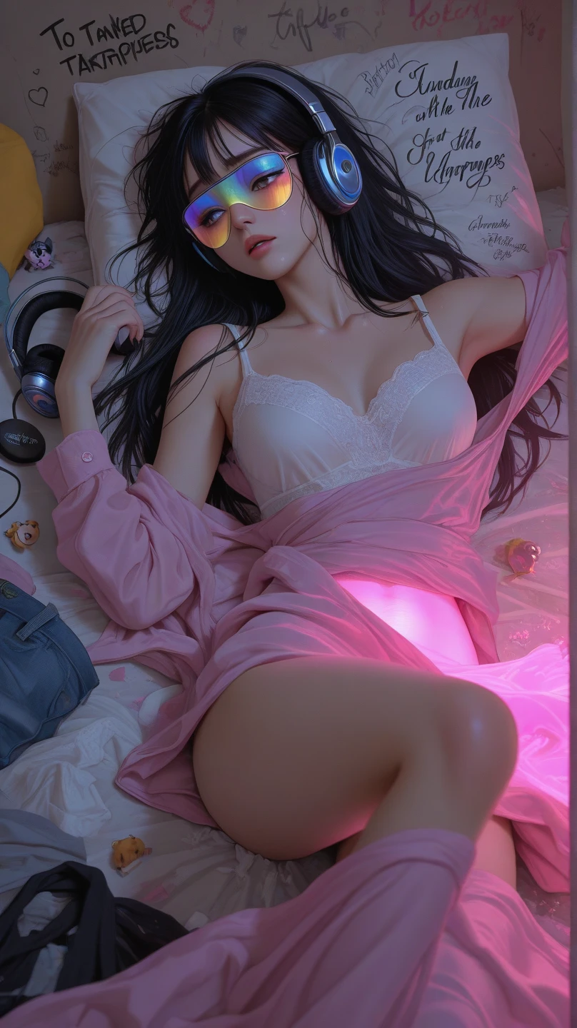 (Hi-Res、Super Detail、Ultra-delicate image quality、The ultra-Highres、A hyper-realistic、ＨＤＲ)、Full body depiction、Japan beauties、slenderbody、big eye、long and thin legs、on the beds、 Woolen vest with wide open chest、Hands behind the head、Tiny string pants、glossy dark hair、pink areola has a hard and long protrusion in the middle,、Applying full-body lotion、copious sweat、shiny white skin、Super small breasts、Looking at me sadly