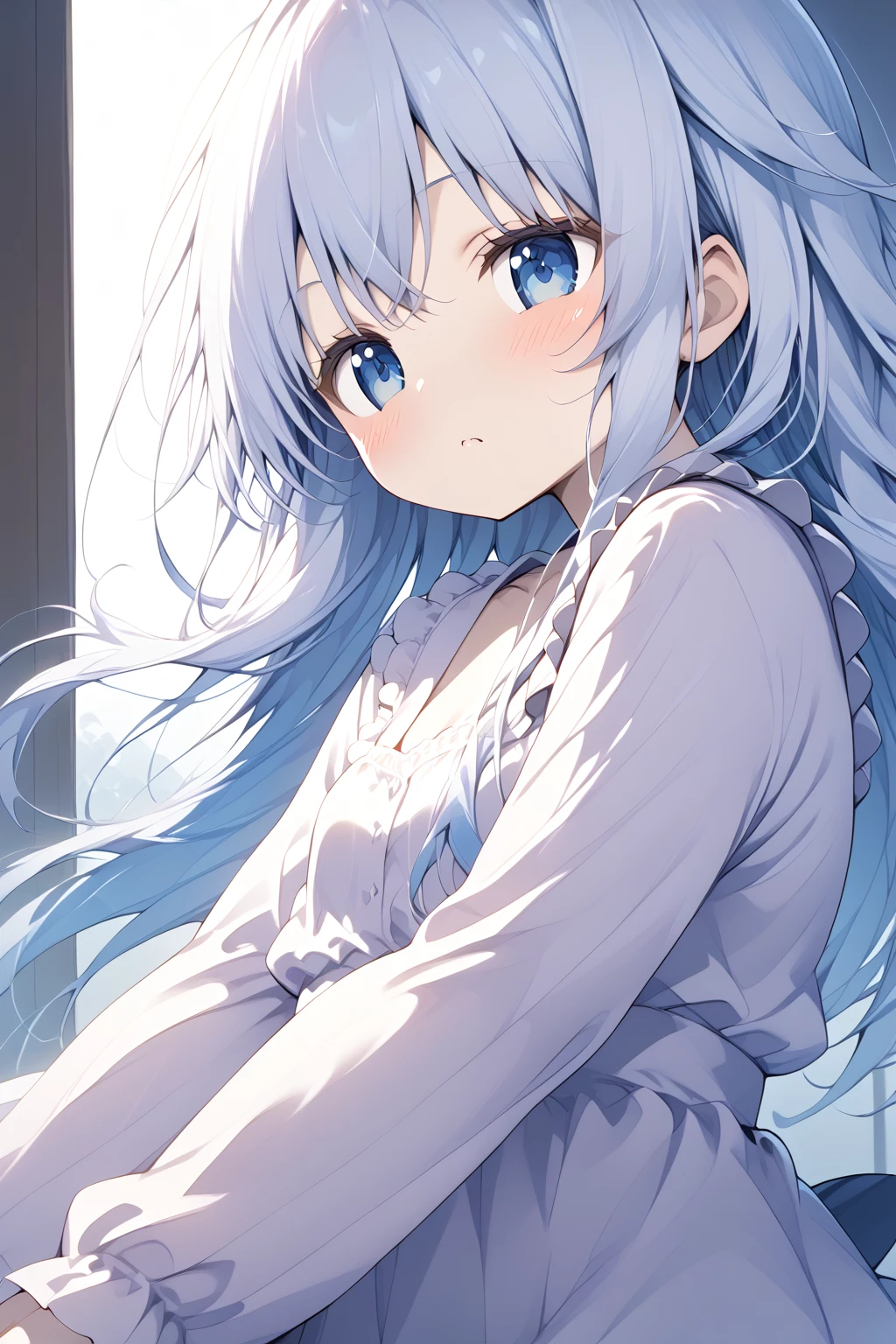 1 girl,Highest image quality,alone,gray hair,like snow white,blue eyes, white skin,Sleepiness,long hair,half sleepy,,wet with water,baby doll,naked shirt