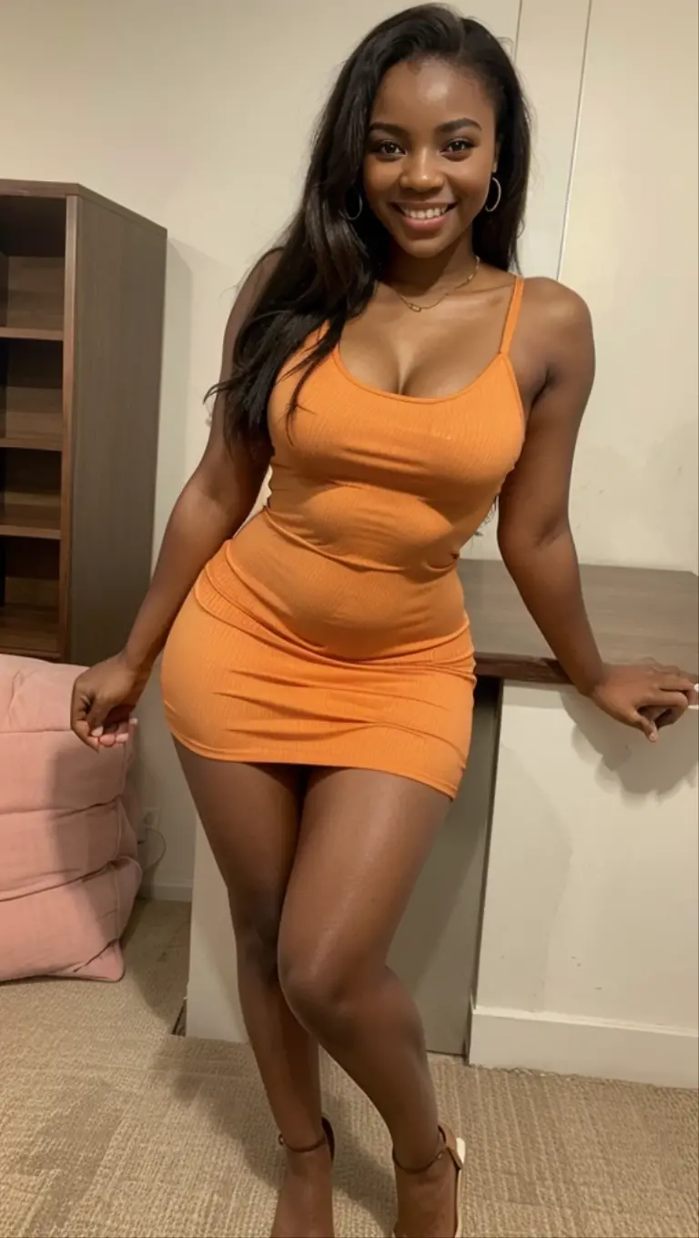 Young busty African woman in tight dress taking a selfie