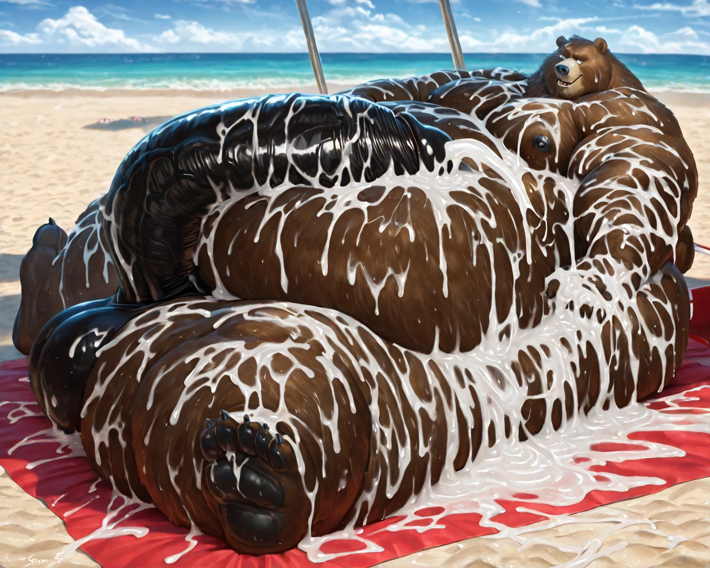 Award-winning photo of chubby furry panda bear girl and chubby furry grizzly bear girl lying on the beach, SFW, high details, photorealistic, ((fluffy fur texture: 1.5)), F-cup, lingerie, short bear tail, highly detailed fur, 8K rendering, seen on e621.net, furry art, bear snout, symmetrical legs