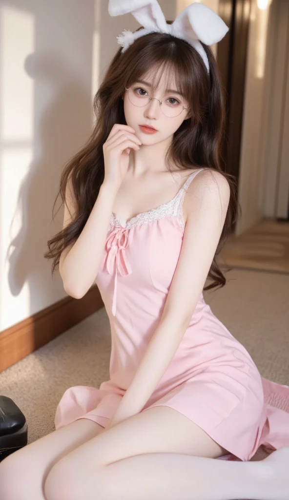 Sleeping Girl, 18 years old, Realistic, Wearing silk panties and silk nightgown, Open legs, Expressions of satisfaction and relief, Brown hair. Pink bed theme and some cute stuffed animals on the bed,An ultra-high picture quality,high-detail,Awaken,