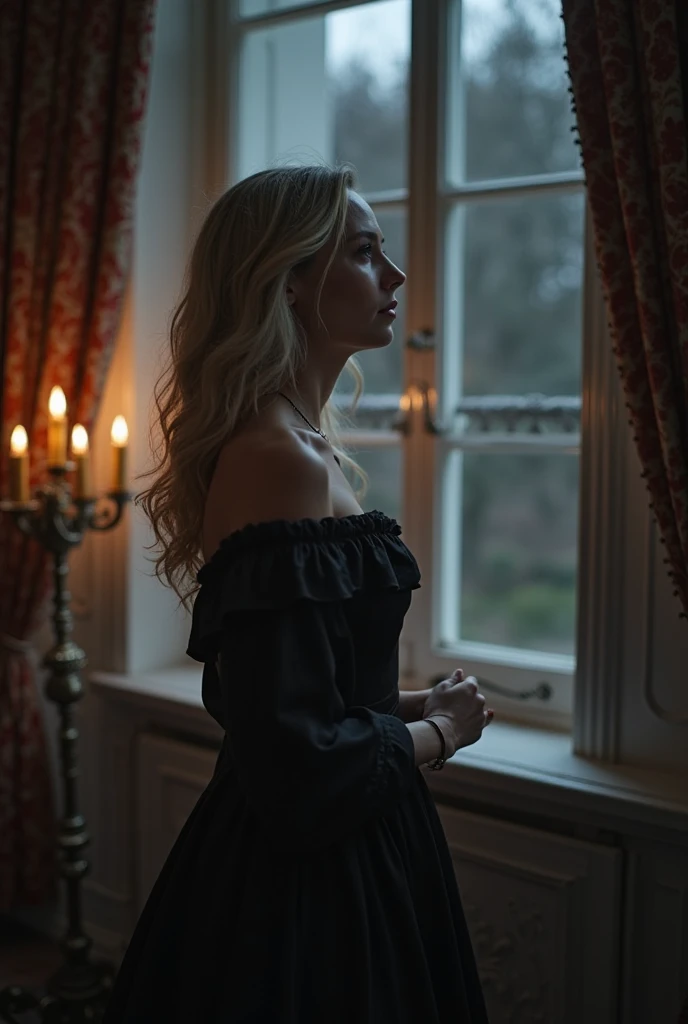 Cosy, Dancing skinny girl, 18 years, ponytail hairstyle, shapely body, dancer, Dancing in a Dark Castle, Photos in action, In an intricate dress with unbuttoned buttons, bellybutton, Masterpiece, Ultra Detailed, sharp-focus, natural skin textures, Cinematic lighting, rim light, Dramatic light