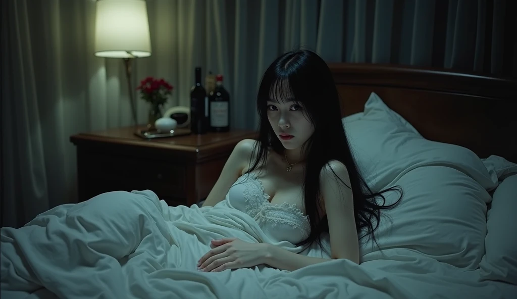    Masterpiece,  cinematic.  dark creepy. full body view . korean girl with blurred face with black long hair  in black lce ,, lying onthebed , feet, taking a selfie in a mirror., , Polaroid,  ,,dark black background,, retro style photo, realistic photo, vhs, vintage style, depressive atmosphere 