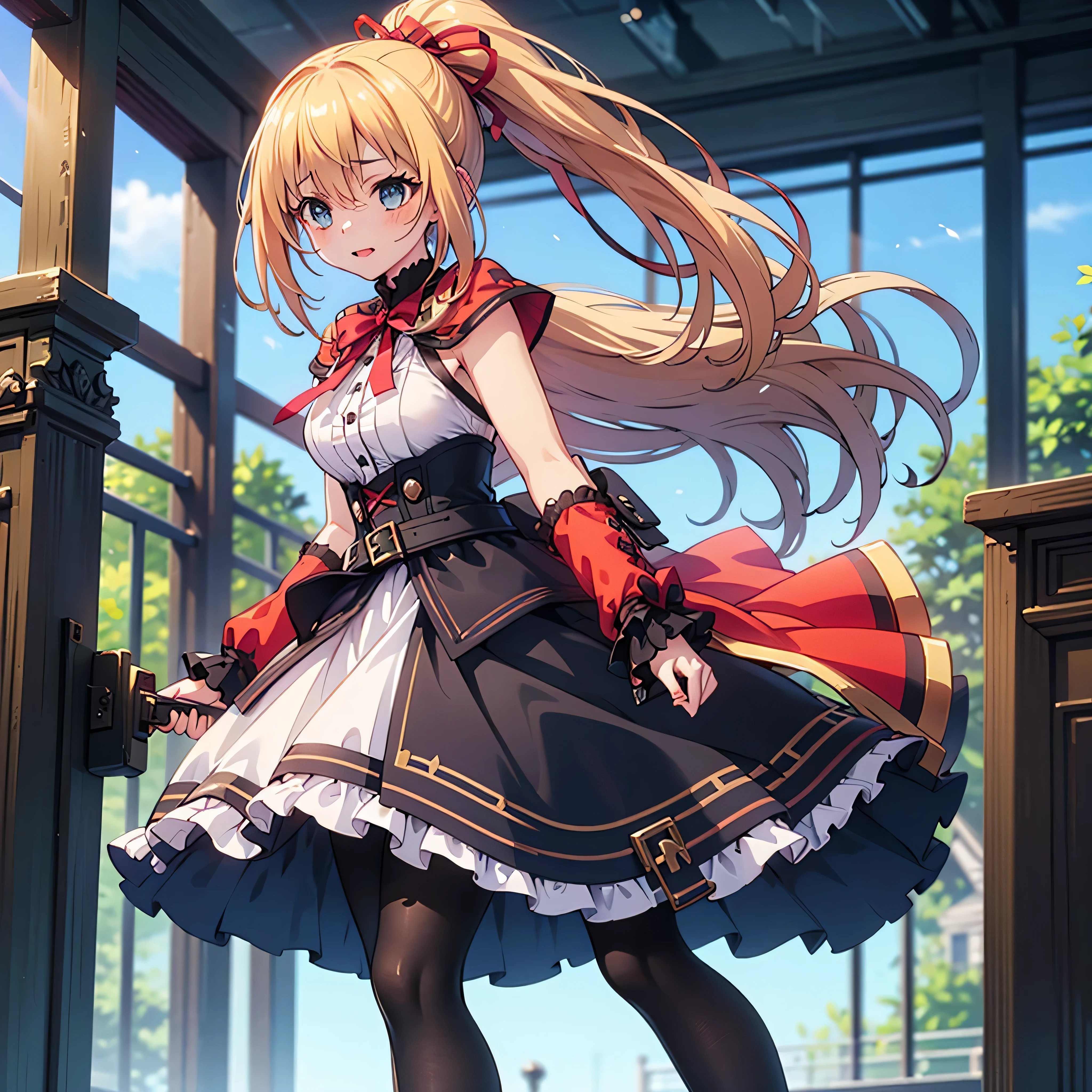 masterpiece, best quality, flugel enchantress girl,sfw sexy, fantasy anime style, She wears a white sleeveless dress, with golden buttons, and accents. The skirt has multiple layers, one frilled, one pleated, and a straight one on top. She wears a capelet, sharing design with her dress. She has a navy blue square-end tie. She wears a pair of separated loose poet sleeves, white with golden accents, and ribbons across the side, longer than her arms, each tied with a navy blue ribbon. She wears white tights, with golden vertical lines, and a pair of white high heels, with a ribbon on each. There seems to be a black belt with a white pistol holster under her dress' skirt.