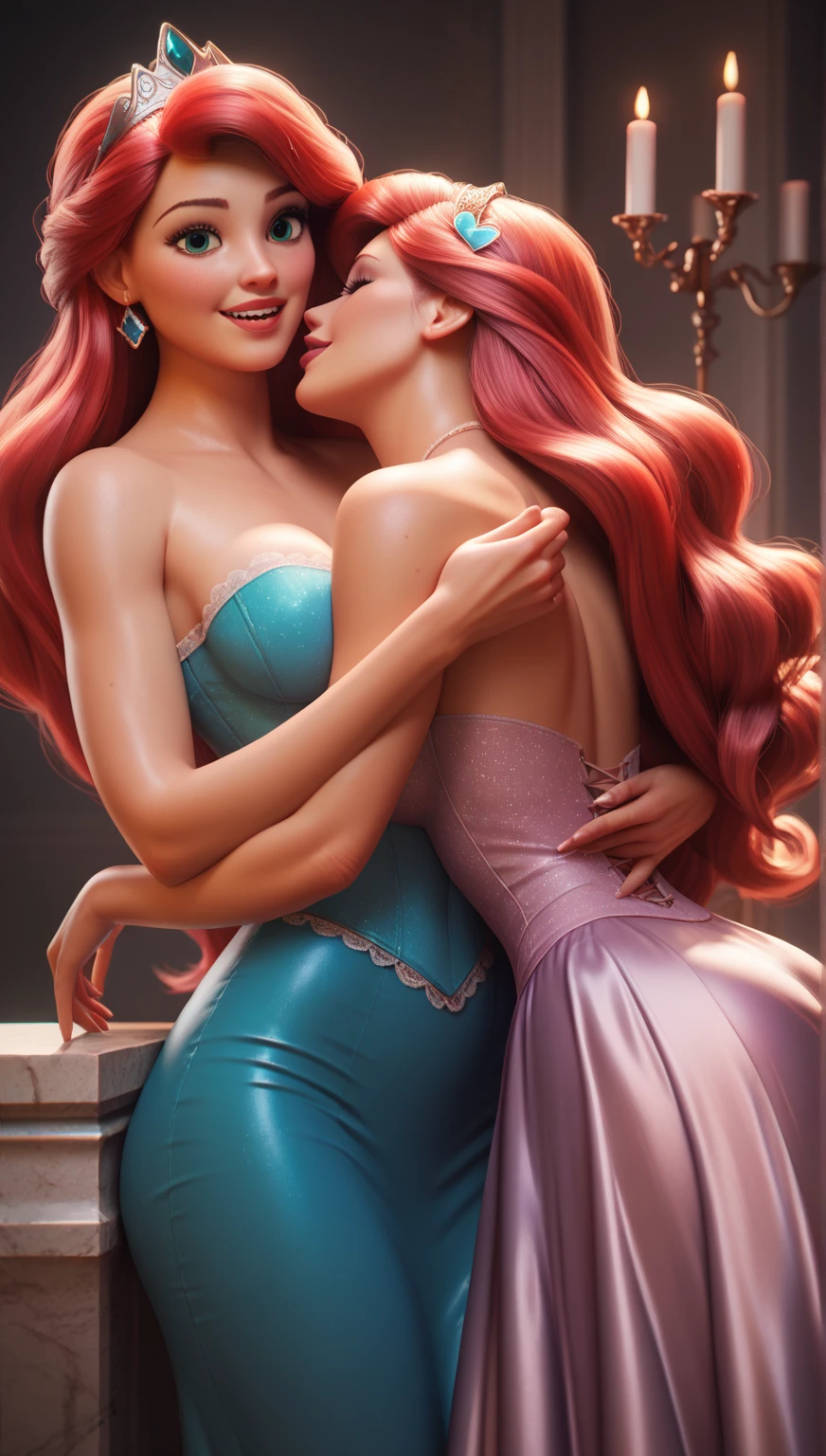 Beautiful long blonde hair、Braid、Blue Eyes、Thin eyebrows、Long eyelashes、Inflamed Cheeks、Thinly parted lips、Sensual lips with red lipstick、Too big breasts（ｋcup）、Blue cocktail dress、Curved waist、Big Ass