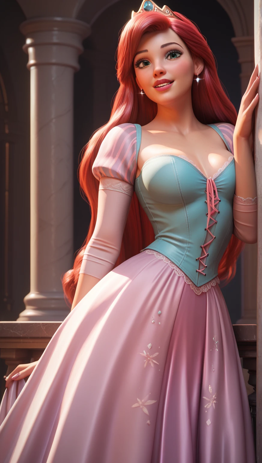 DisneyAurora, 27 years old, full body view Beautiful woman (((shoulder length auburn hair, two side up with bangs))) defined body, voluptuous, sexy, cherry red lipstick, arms by her sides, hands free, happily smiling, standing facing camera((( bright purple nightgown ))), in moonlit grassy field, (large_breasts:1.1) (curvy:1.0)
