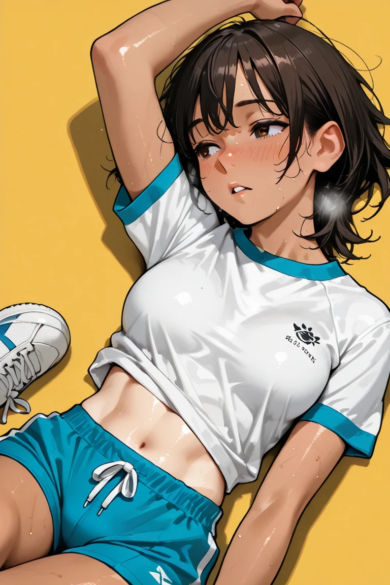 brown hair, blue eyes, ponytail, (white latex short shorts), snapback hat, laying on a bed