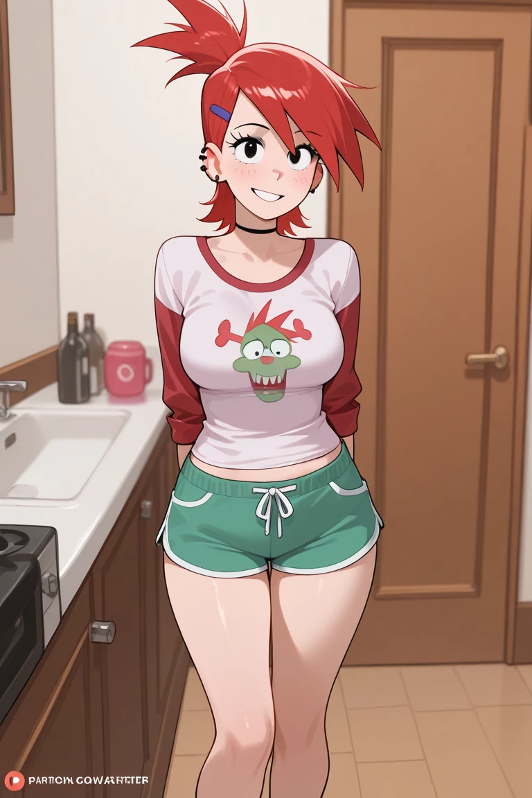 1 girl, 15 years old, redhead, short hair, wears a headband, red lipstick, big breasts, big thighs, green eyes), (she wears a very tight and transparent white t-shirt, her belly is visible, she has the t-shirt on, transparent t-shirt , very wet t-shirt), (no bra, wears very tight tailless, ), (wears red heels, wet legs), (is on her back, showing her butt, shows her butt lasciviously), (blushing, lascivious smile), is in the kitchen