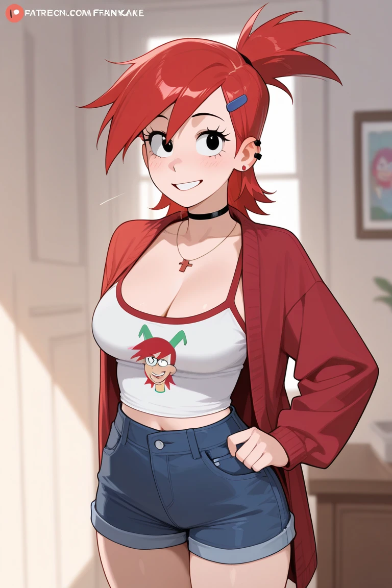 mulher raposa,red hair,(hands on breasts),Mamalhuda,corpo em forma, pants and shirt without bra, revelando peito, Rosto e olhos detalhados 1.2,(sem calcinha),pernas longas,8k,alta qualidade, Front view, clivagem completa,DAMP BODY, mamilos duros, sorriso sexy